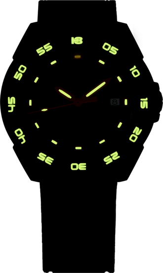 taktyczny czarny zegarek traser P49 Red Alert T100 na czarnym gumowym pasku nocą