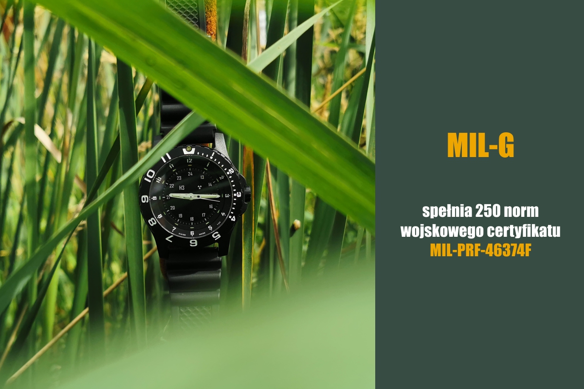 Zegarek wojskowy traser P66 MIL-G Type 6 - cały czarny na czarnym pasku kauczukowym wśród liści tataraku