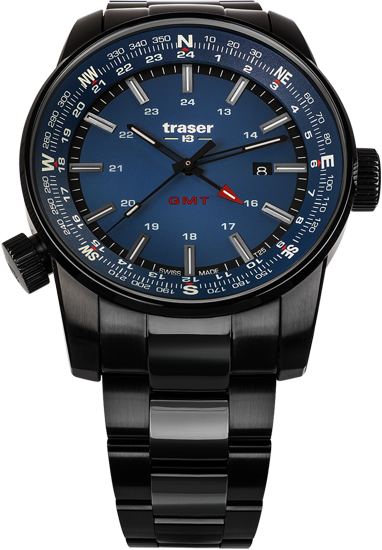 zegarek taktyczny marki traser P68 Pathfinder GMT Blue. Granatowa tarcza, czarna kopert i czarna bransoleta stalowa.