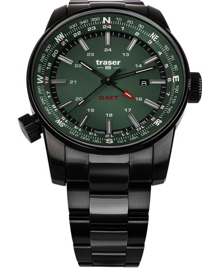 zegarek taktyczny marki traser P68 Pathfinder GMT Green. Zielona tarcza, czarna kopert i czarna bransoleta stalowa.